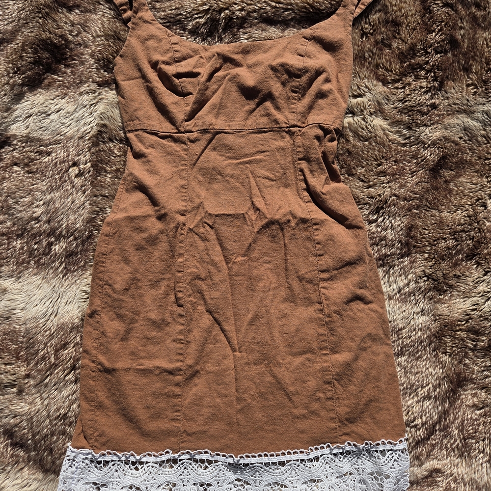 Urban Outfitters Brown Dress – Cottagecore Lace Hem, Cotton, Y2K Aesthetic